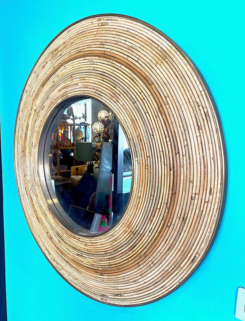arge Italian circular bamboo and brass mirror in the style of Gabriella Crespi - Ed Butcher Antiques Shop London