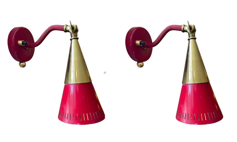 A pair of Holm Sorensen 1950s red enamelled metal and brass adjustable wall lights