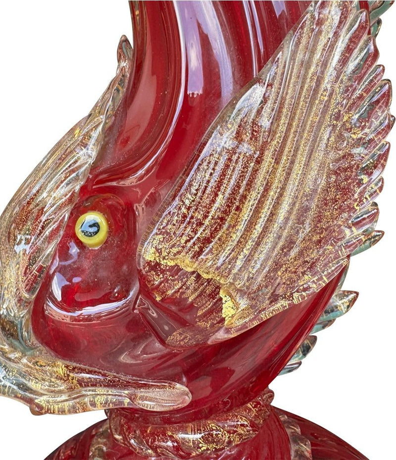 A wonderful pair of 1940s red Murano dolphin lamps by Barovier & Toso