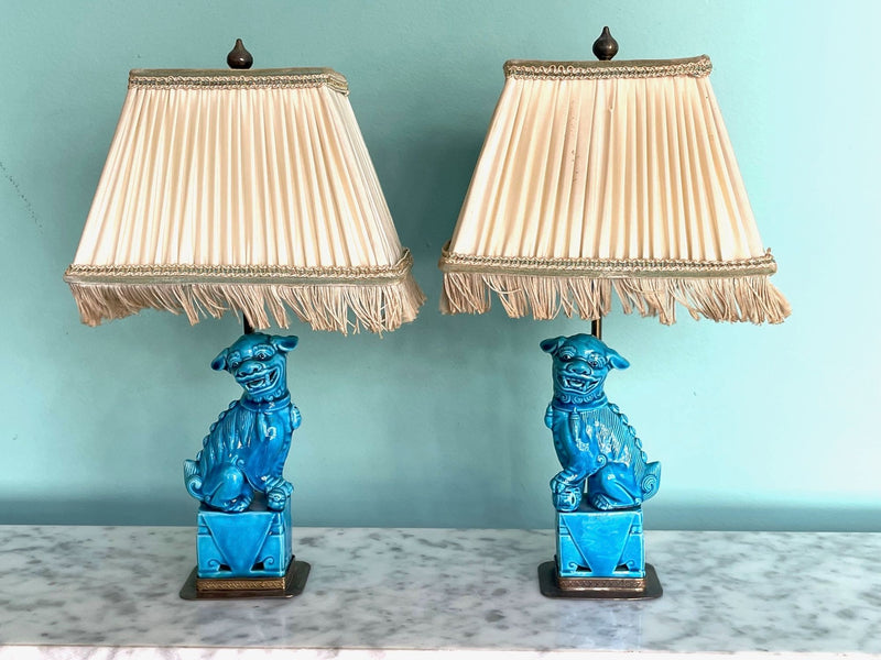 Mid Century Lamps - Turquoise ceramic foo dog lamps - Mid Century Lighting - Ed Butcher Antiques Shop London 