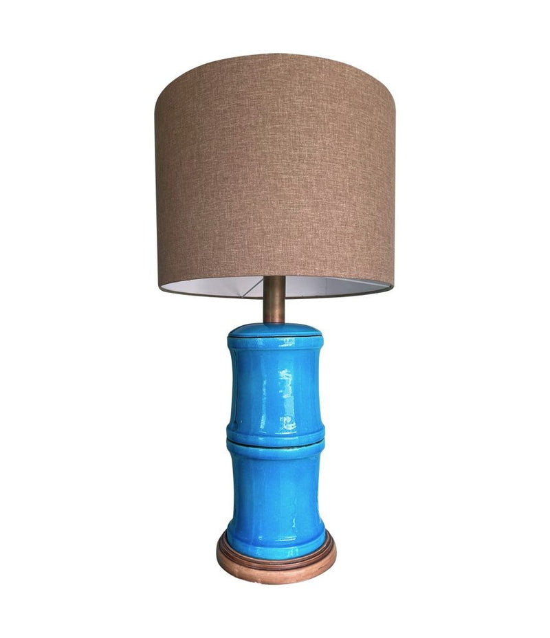 Mid Century table lamp 1970s large Italian faux bamboo ceramic blue lamp with brass fittings - Mid Century Lighting 