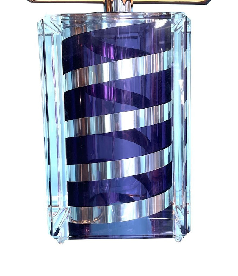 A large Mid Century Table lamp made of lucite and chrome with purple and chrome stripes and a black shade - Mid Century Lighting - 1970s table lamp
