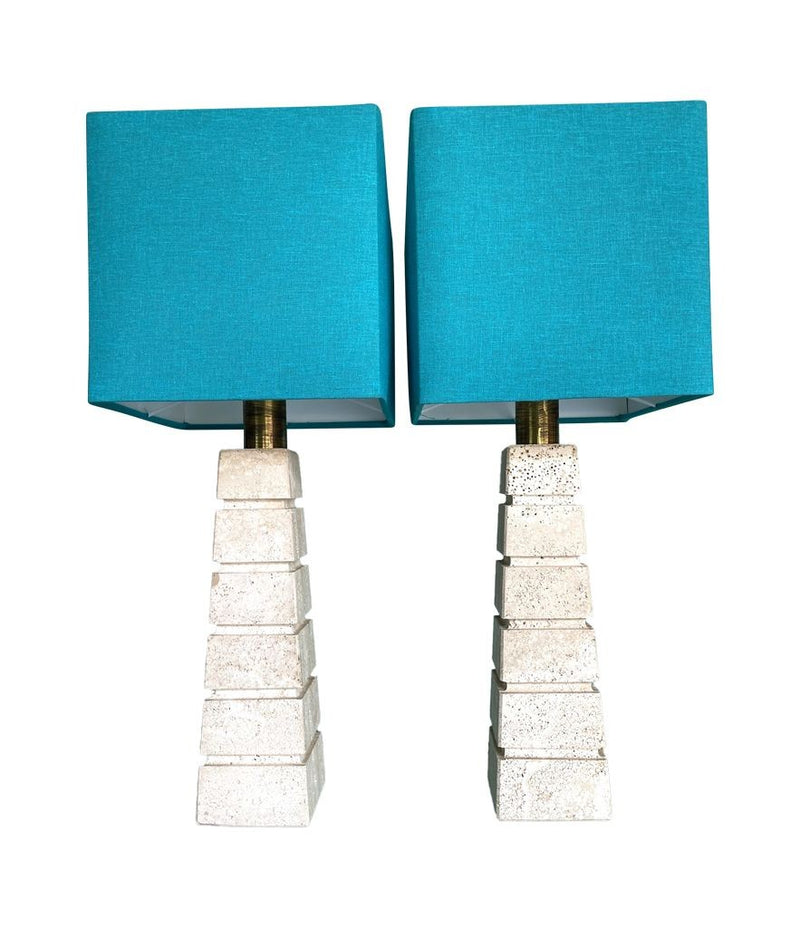 Mid Century table lamps with Travertine bases and brass fittings with blue linen shades - Mid Century Lighting