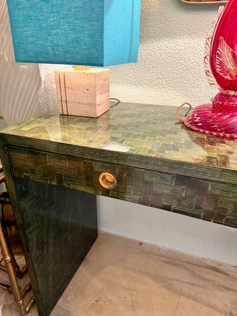 A 1970s woven green rattan three drawer console table by Vivai Del Sud