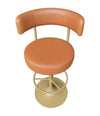 A set of four Börje Johanson “Jupiter” bar stools in cognac faux leather