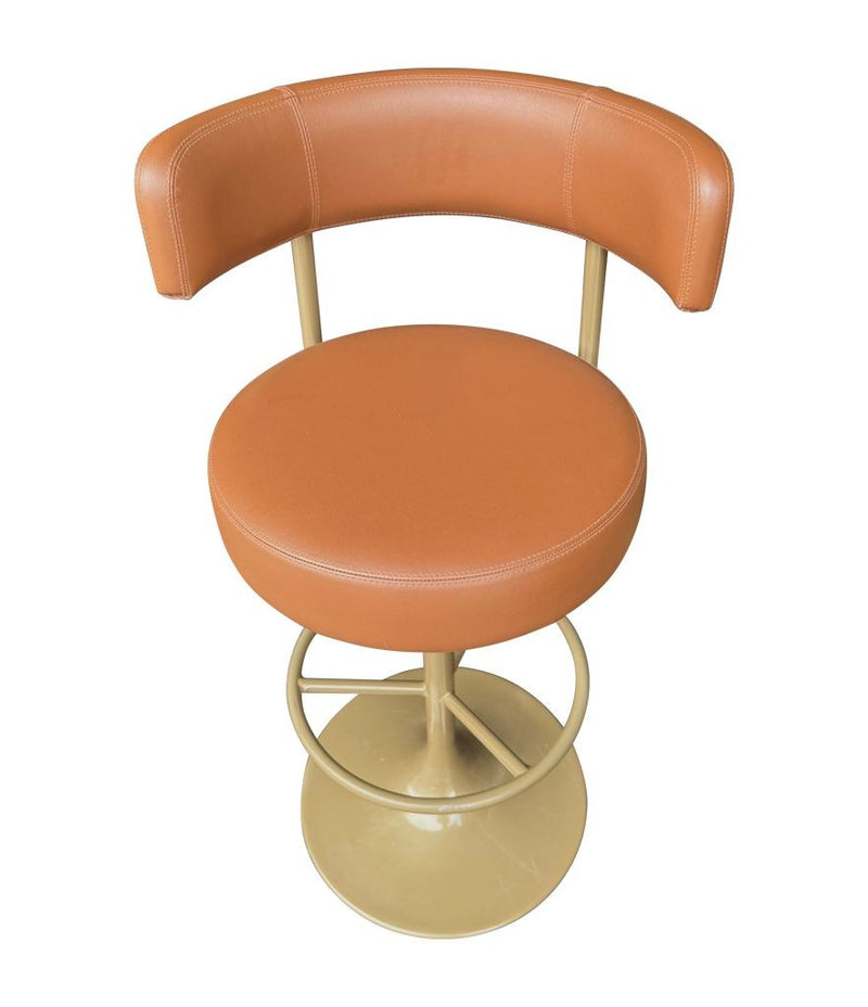 A set of four Börje Johanson “Jupiter” bar stools in cognac faux leather