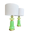 A pair of 1960s Murano glass green opaline lamps with brass base and fittings