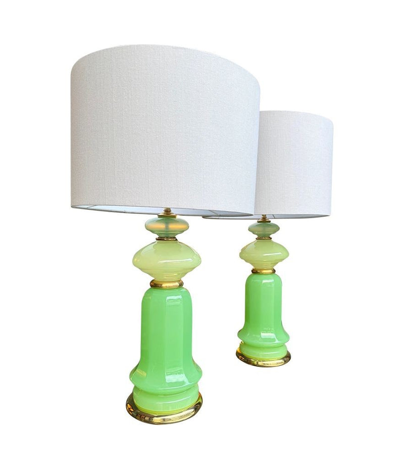 A pair of 1960s Murano glass green opaline lamps with brass base and fittings