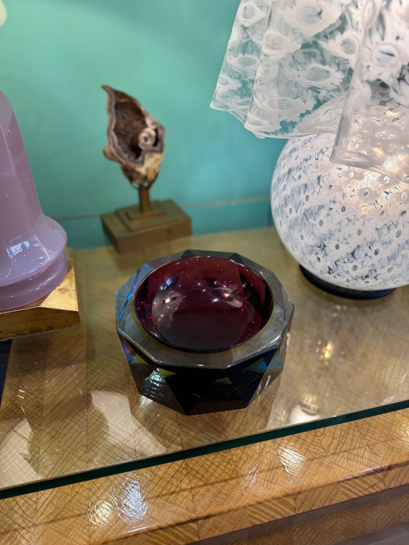 A large heavy 1960s faceted Sommerso Murano glass bowl by Seguso in blue, purple and yellow