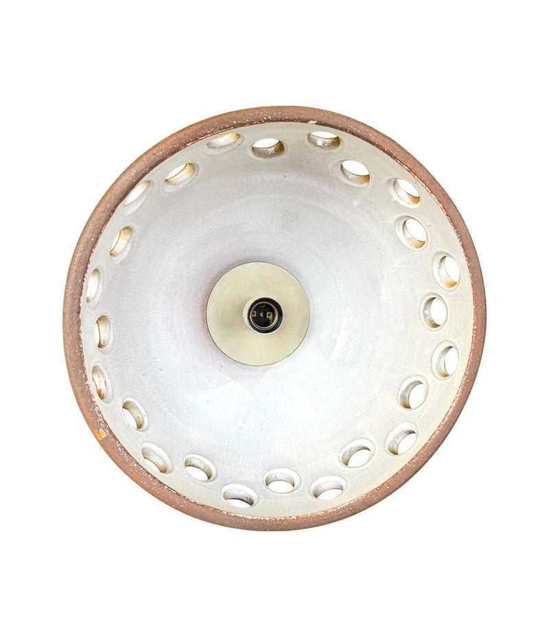 A set of three 1960s French glazed ceramic ceiling lights suspended from thick knotted rope
