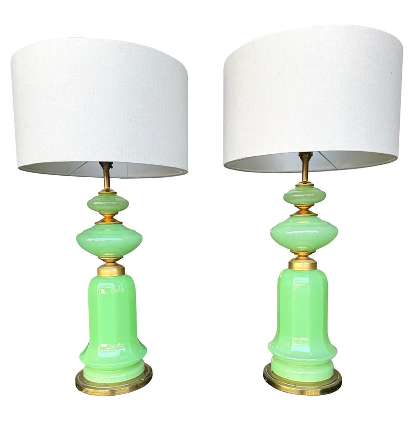 A large pair of 1960s opaline Murano lime green glass lamps by Gino Cenedese