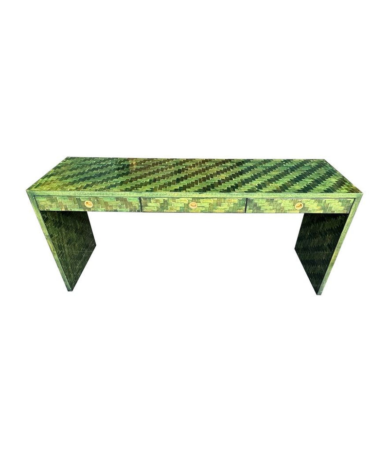 A 1970s woven green rattan three drawer console table by Vivai Del Sud