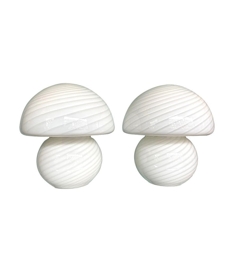 Mid Century mushroom lamps by Venini in white swirl Murano glass - Mid Century Lighting