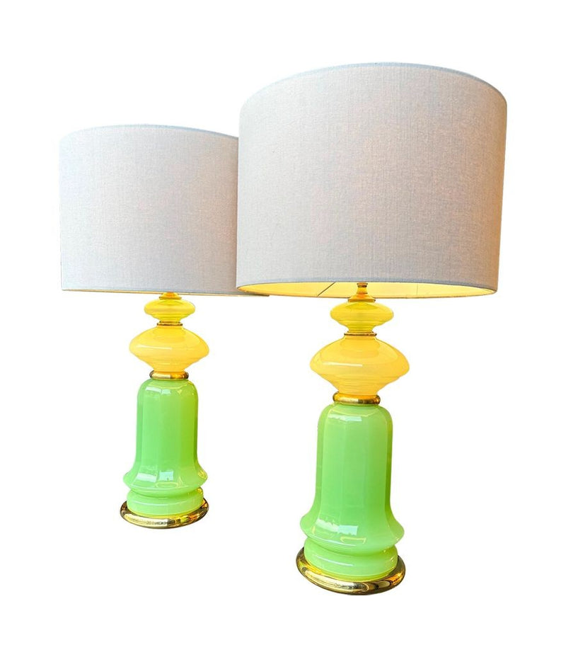 A pair of 1960s Murano glass green opaline lamps with brass base and fittings