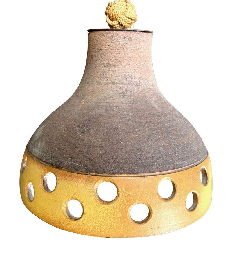 A set of three 1960s French glazed ceramic ceiling lights suspended from thick knotted rope