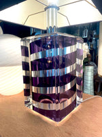 A large Mid Century Table lamp made of lucite and chrome with purple and chrome stripes and a black shade - Mid Century Lighting - 1970s table lamp