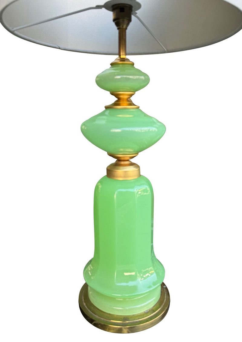 A large pair of 1960s opaline Murano lime green glass lamps by Gino Cenedese