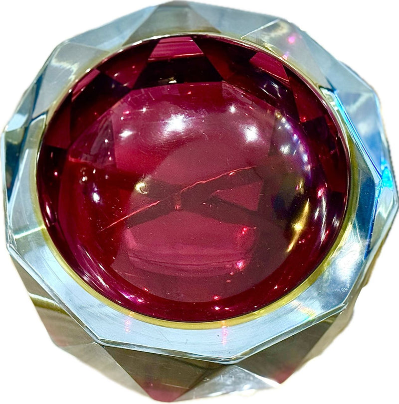 A large heavy 1960s faceted Sommerso Murano glass bowl by Seguso in blue, purple and yellow