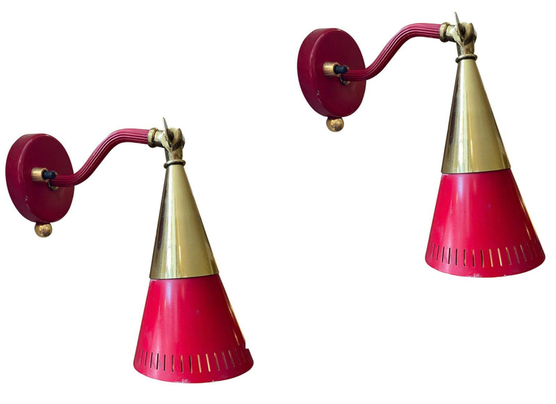 A pair of Holm Sorensen 1950s red enamelled metal and brass adjustable wall lights