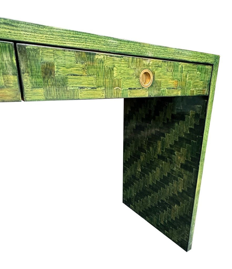 A 1970s woven green rattan three drawer console table by Vivai Del Sud