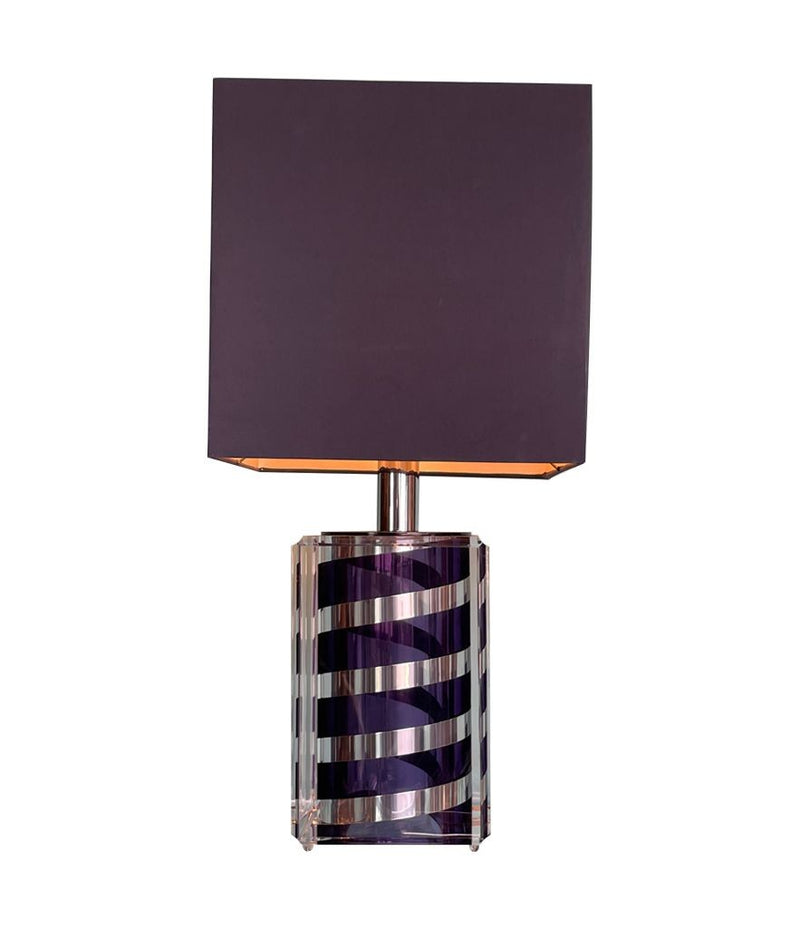 A large Mid Century Table lamp made of lucite and chrome with purple and chrome stripes and a black shade - Mid Century Lighting - 1970s table lamp