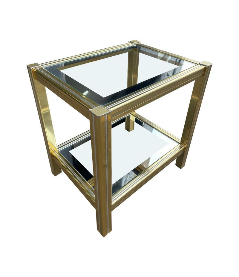 A pair of French 1970s gilt metal side tables by Pierre Vandel with original part mirrored glass shelves