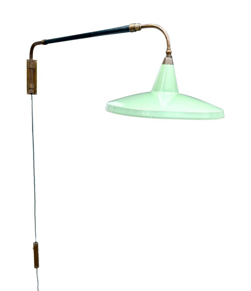 An Italian 1950s Stilnovo brass extendable telescopic wall light with green stitched leather arm