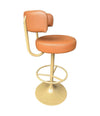 A set of four Börje Johanson “Jupiter” bar stools in cognac faux leather