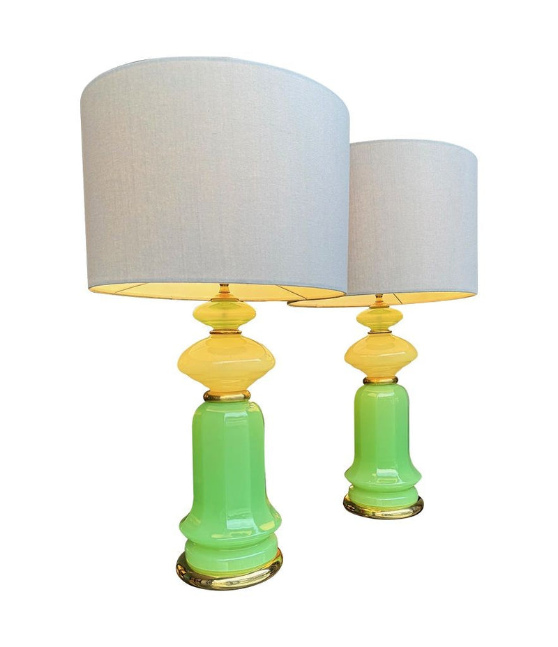A pair of 1960s Murano glass green opaline lamps with brass base and fittings