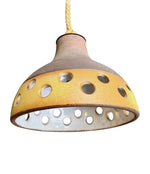 A set of three 1960s French glazed ceramic ceiling lights suspended from thick knotted rope