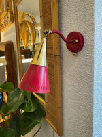 A pair of Holm Sorensen 1950s red enamelled metal and brass adjustable wall lights