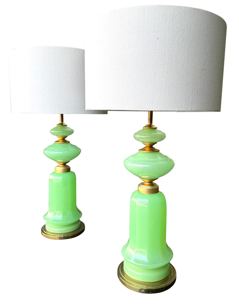 A large pair of 1960s opaline Murano lime green glass lamps by Gino Cenedese