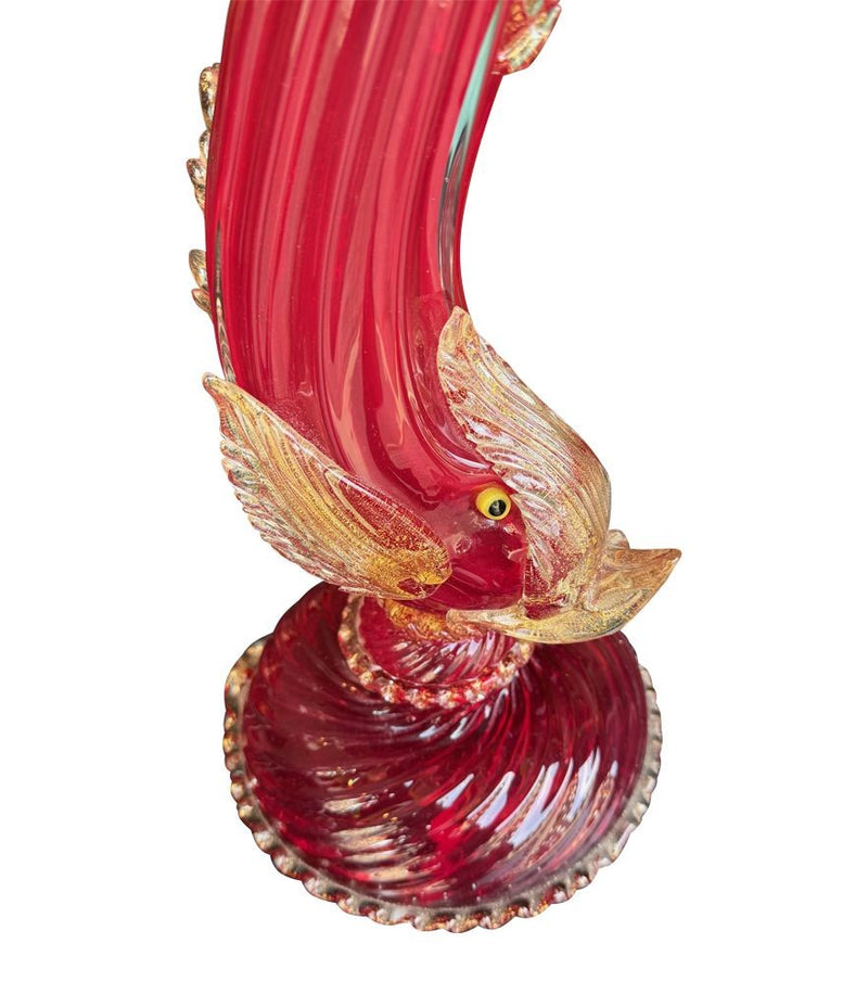 A wonderful pair of 1940s red Murano dolphin lamps by Barovier & Toso