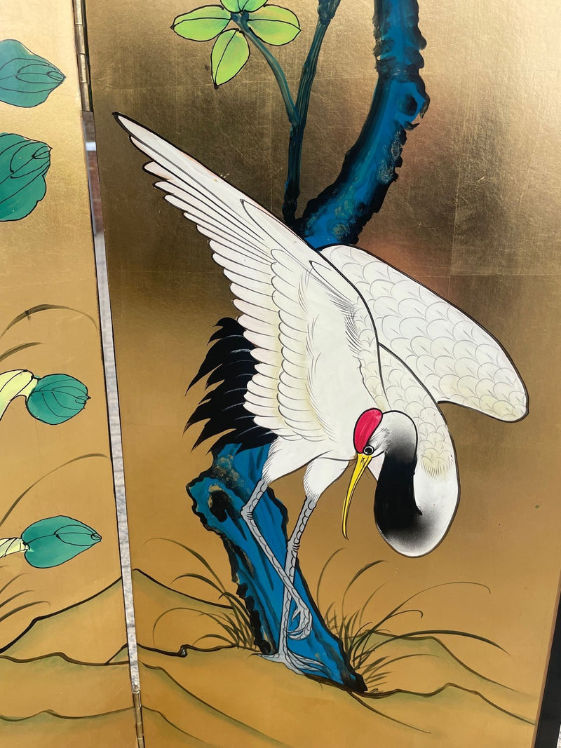 Mid Century Oriental Gold Leaf hand painted screen decorated with cranes, flowers and birds - Mid Century Furniture - Ed Butcher Antiques Shop London