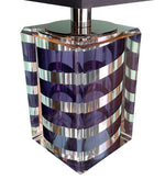 A large Mid Century Table lamp made of lucite and chrome with purple and chrome stripes and a black shade - Mid Century Lighting