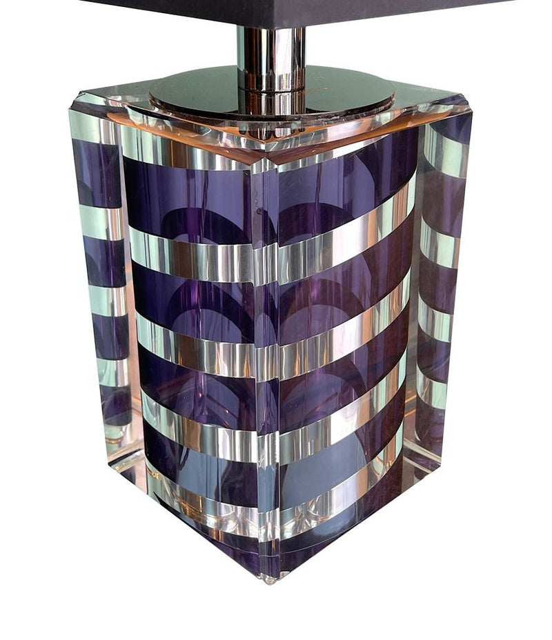 A large Mid Century Table lamp made of lucite and chrome with purple and chrome stripes and a black shade - Mid Century Lighting - 1970s table lamp