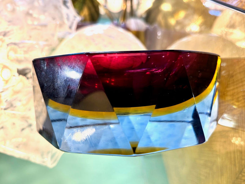 A large heavy 1960s faceted Sommerso Murano glass bowl by Seguso in blue, purple and yellow