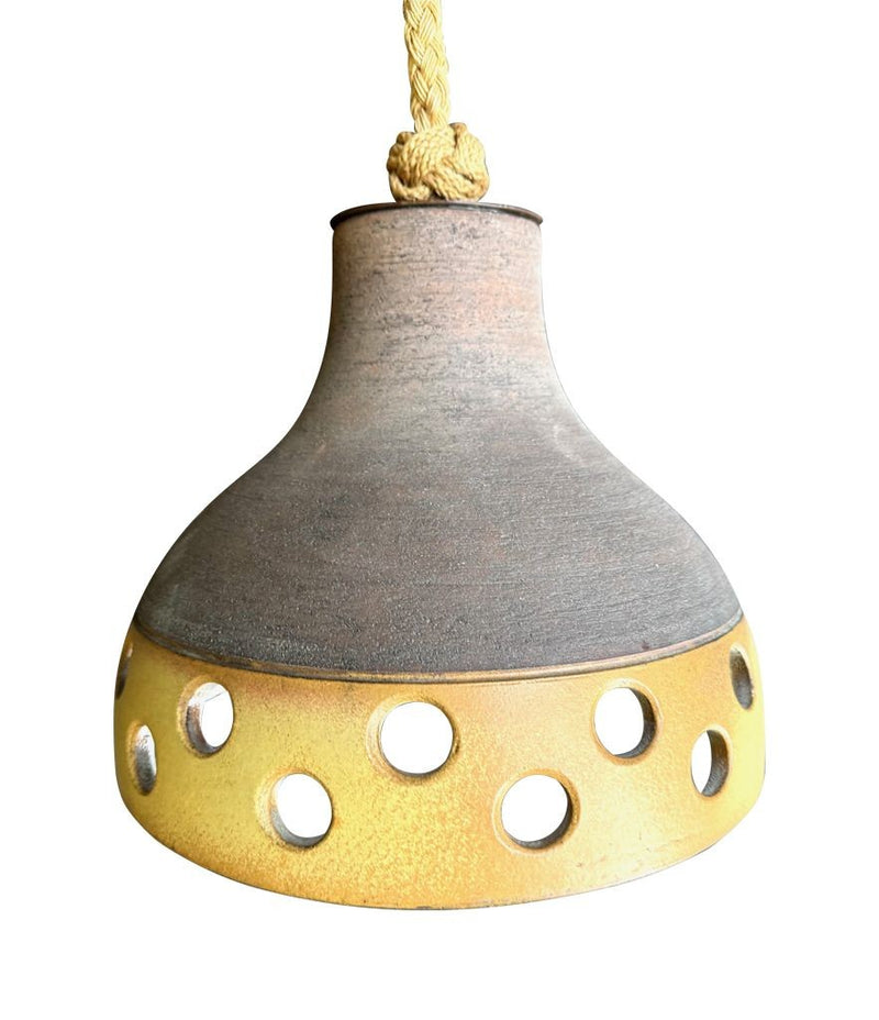 A set of three 1960s French glazed ceramic ceiling lights suspended from thick knotted rope