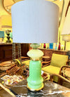 A pair of 1960s Murano glass green opaline lamps with brass base and fittings