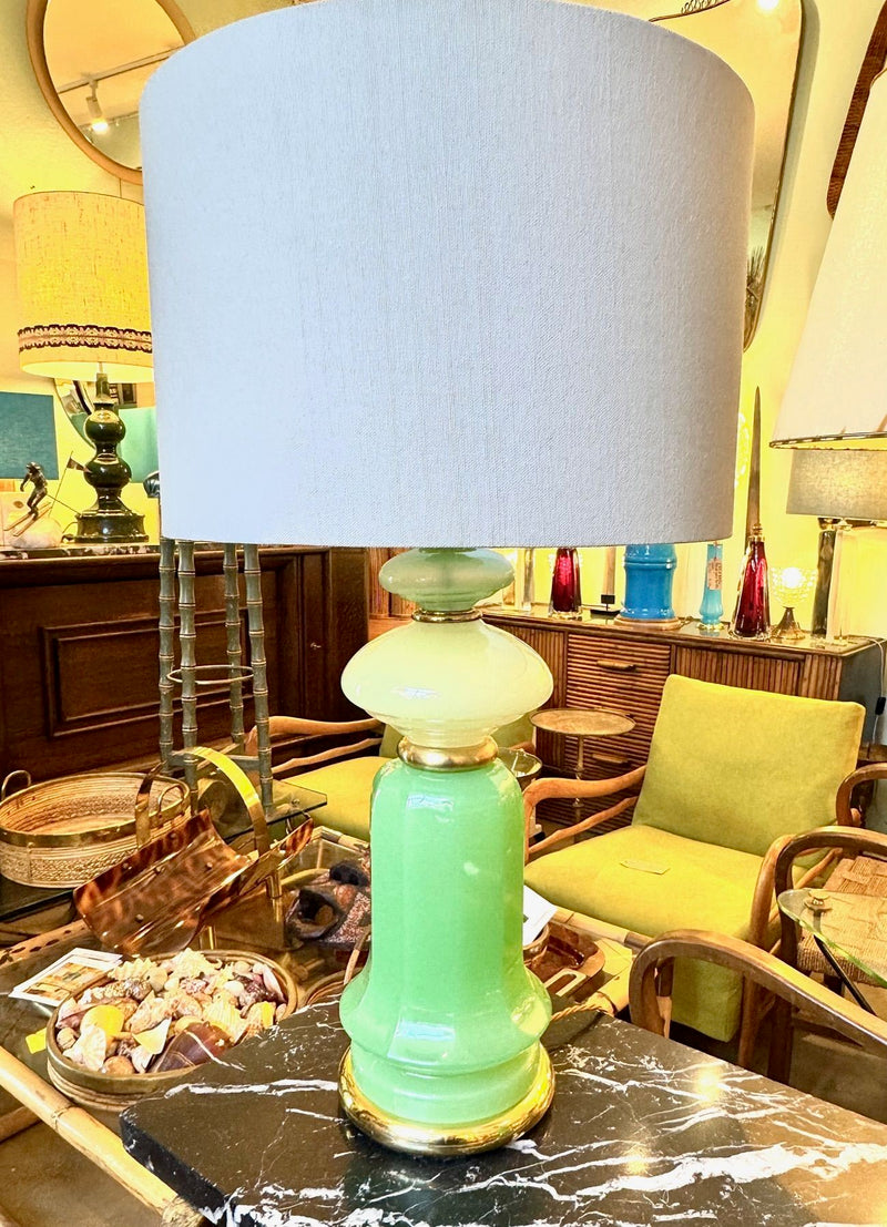 A pair of 1960s Murano glass green opaline lamps with brass base and fittings
