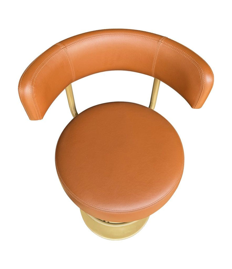 A set of four Börje Johanson “Jupiter” bar stools in cognac faux leather
