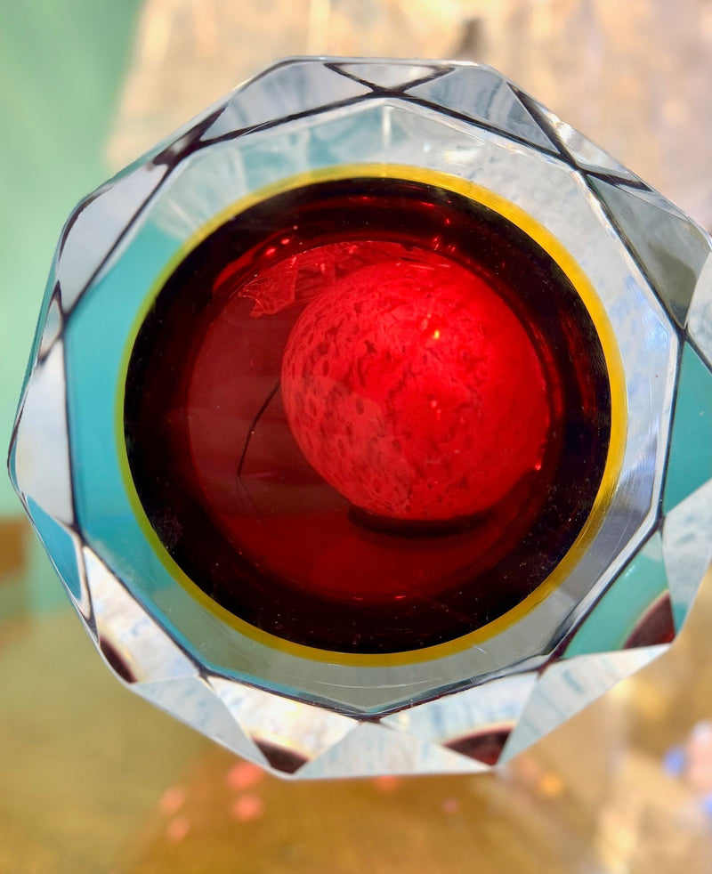 A large heavy 1960s faceted Sommerso Murano glass bowl by Seguso in blue, purple and yellow