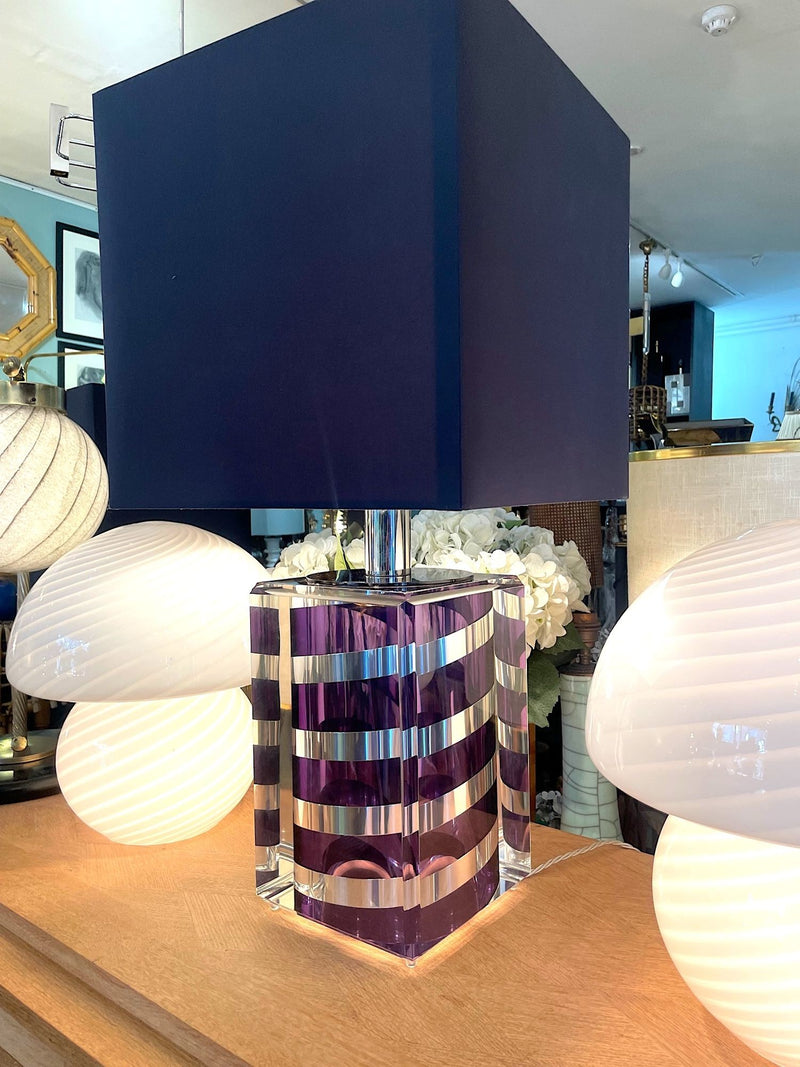 A large Mid Century Table lamp made of lucite and chrome with purple and chrome stripes and a black shade - Mid Century Lighting - 1970s table lamp
