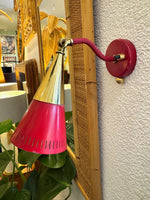 A pair of Holm Sorensen 1950s red enamelled metal and brass adjustable wall lights