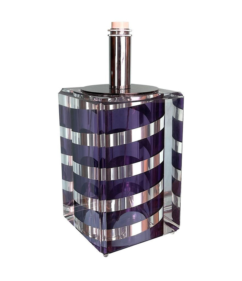 A large Mid Century Table lamp made of lucite and chrome with purple and chrome stripes and a black shade - Mid Century Lighting