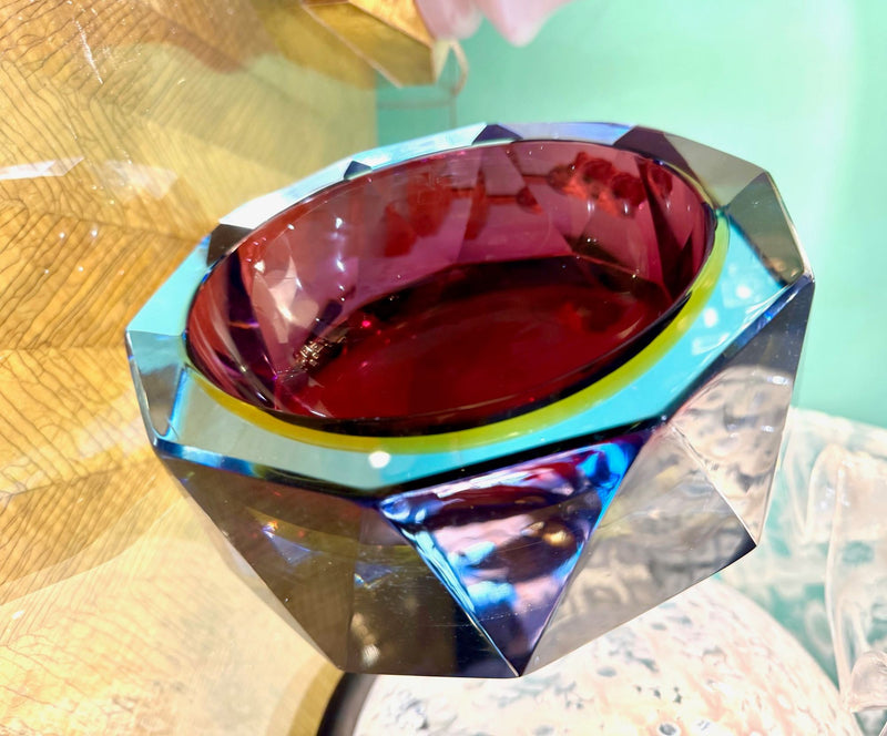 A large heavy 1960s faceted Sommerso Murano glass bowl by Seguso in blue, purple and yellow
