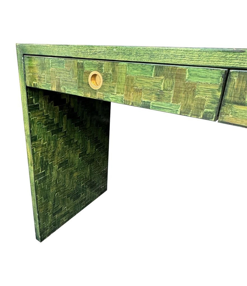 A 1970s woven green rattan three drawer console table by Vivai Del Sud