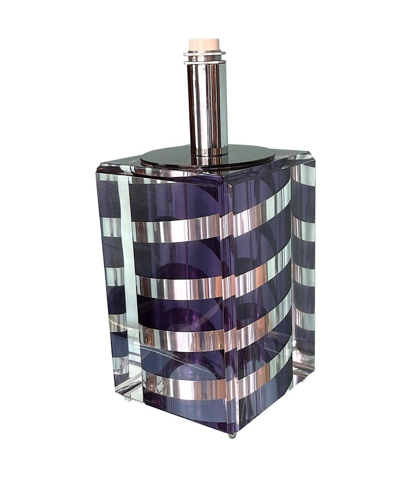 A large Mid Century Table lamp made of lucite and chrome with purple and chrome stripes and a black shade - Mid Century Lighting - 1970s table lamp