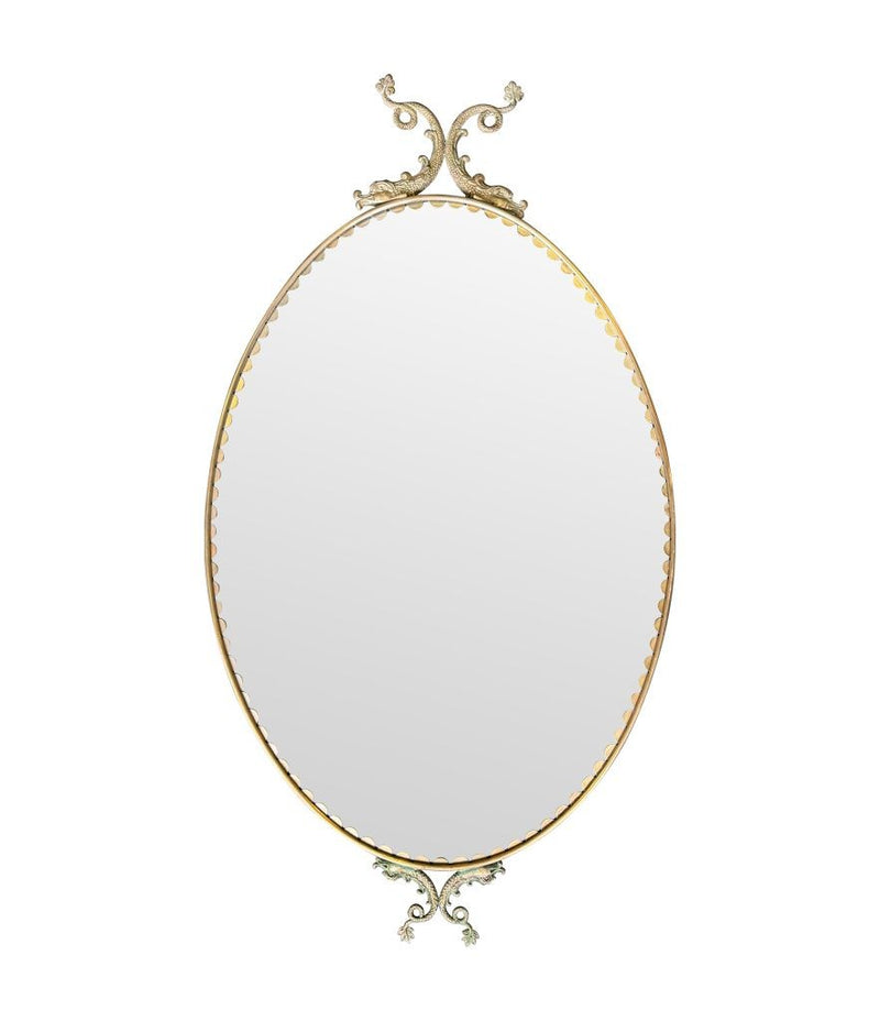 Mid century mirrors Italian oval with brass frame and dolphin detailing.