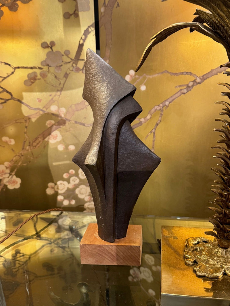 Mid century bronze abstract sculpture Belgian ceramic with bronze textured style finish